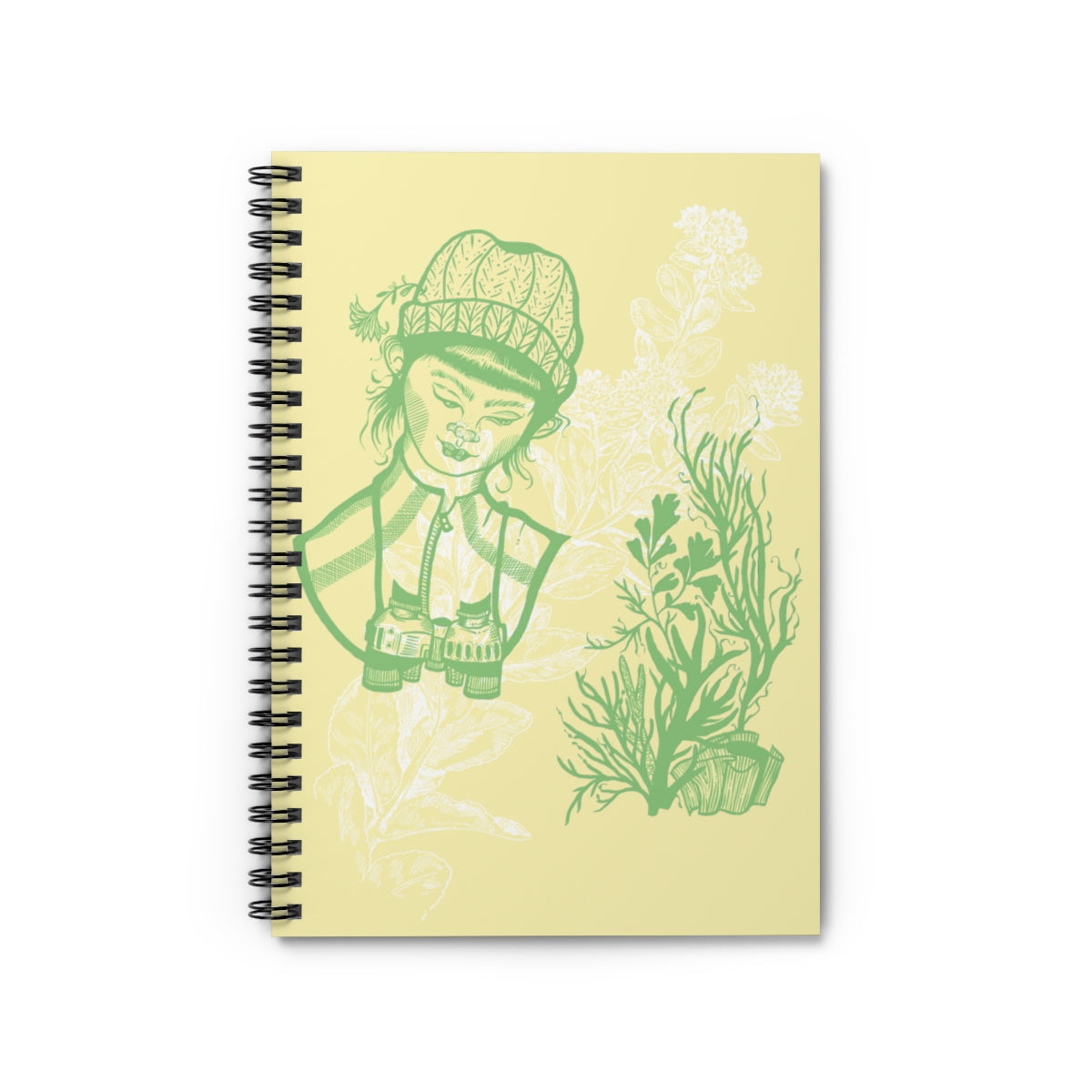 A female biologist with binoculars looks at plants sketched in green ink on a tan cover. The image is underlaid with a white flower watermark. The book is spiral bound. 